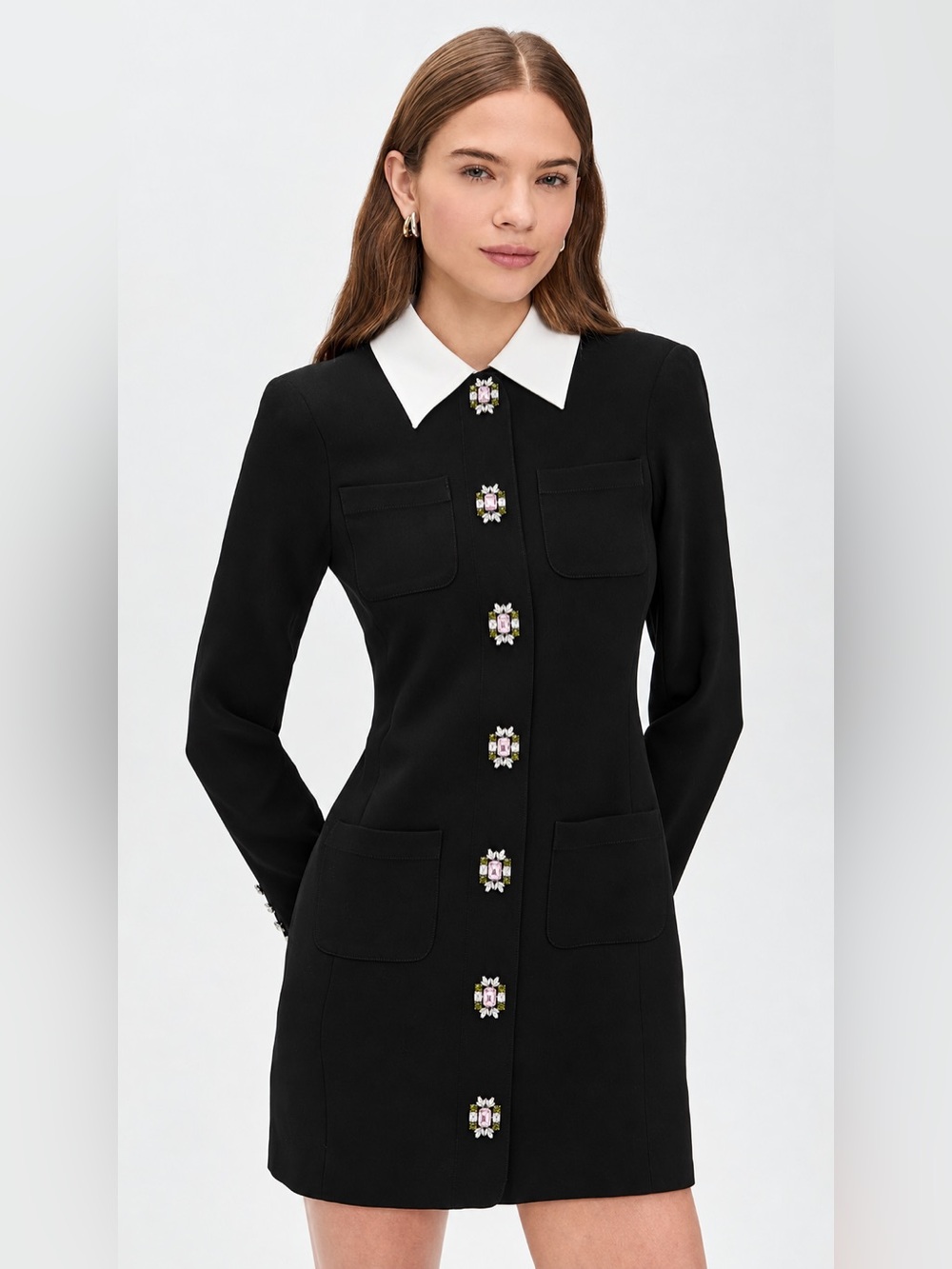Cinq à Sept Black Crystal-Embellished White Collar Mini Dress